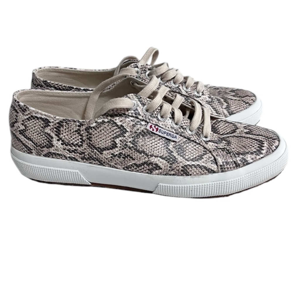 Superga Women's Snake Print Canvas Sneakers in Beige and Black